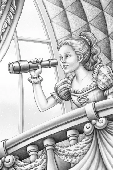 A coloring page of Princess gazing through a telescope