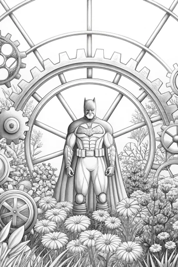 A coloring page of Batman in a mechanical garden