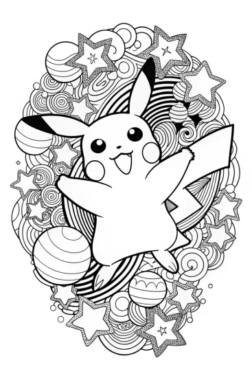 A coloring page of Pikachu’s cosmic dance party
