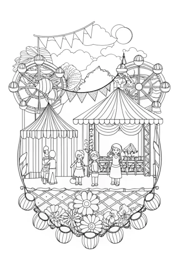 A coloring page of Rainbow High students at art carnival