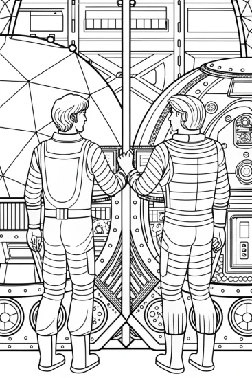 A coloring page of Anime astronomers building a starship