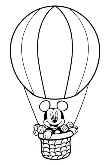 A coloring page of Mickey Mouse hot air balloon