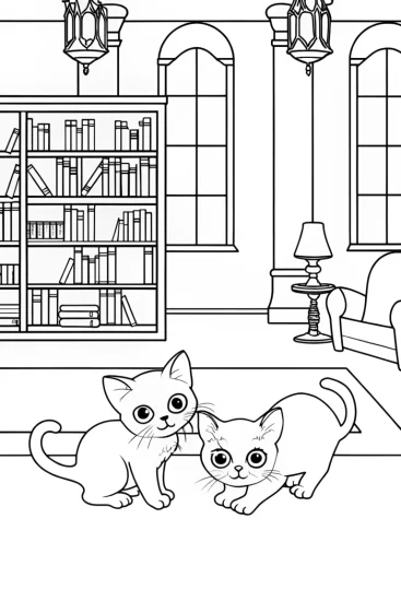 A coloring page of Kittens playing in a magical library