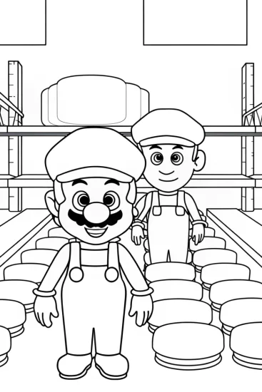A coloring page of Mario and Luigi in a cheese factory