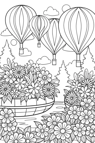 A coloring page of Floral festival in a floating garden