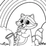 Raccoon playing saxophone under rainbow