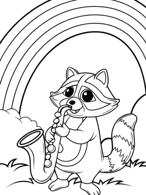 Raccoon playing saxophone under rainbow coloring pages
