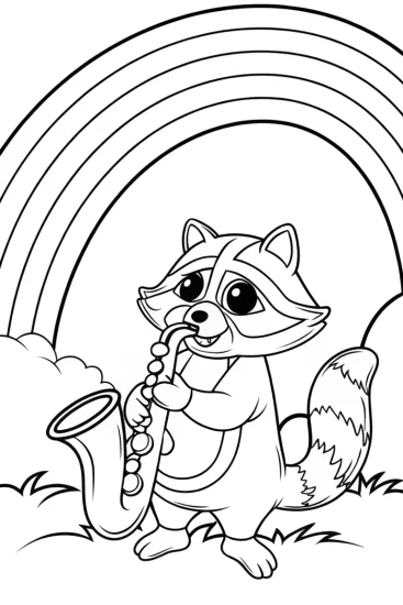 A coloring page of Raccoon playing saxophone under rainbow