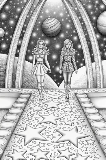 A coloring page of Barbie’s galactic fashion show