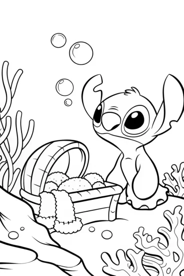 A coloring page of Stitch weaving in an underwater den