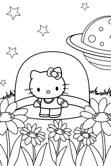 A coloring page of Hello Kitty in a space garden