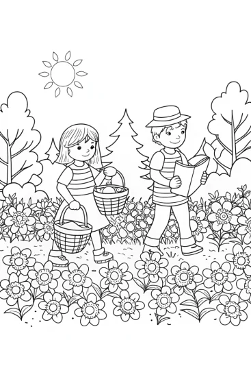 A coloring page of Children’s spring treasure hunt