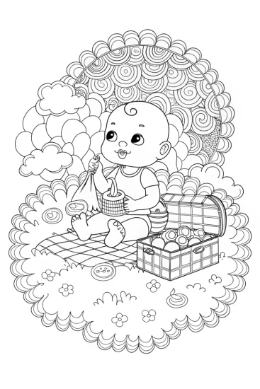 A coloring page of Baby on a cloud picnic