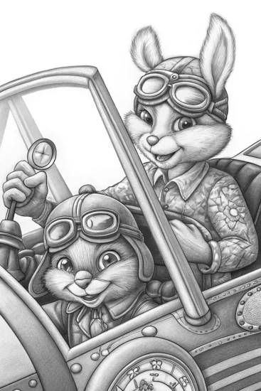 A coloring page of Bunny pilot and chick explorer