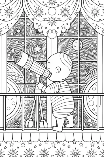 A coloring page of Baby astronomer stargazing