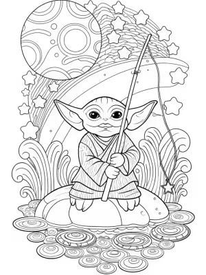 Baby Yoda fishing in space coloring pages