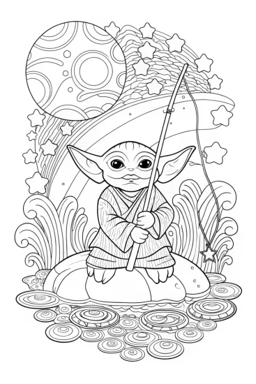 A coloring page of Baby Yoda fishing in space