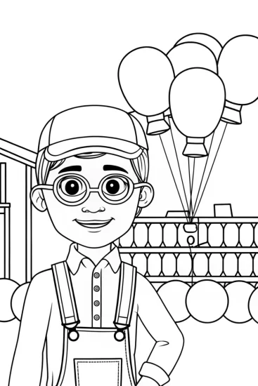 A coloring page of Blippi in a balloon factory