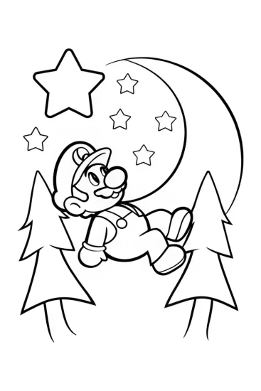 A coloring page of Luigi storytelling under the stars