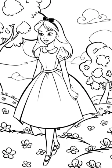 A coloring page of Alice in the floating garden