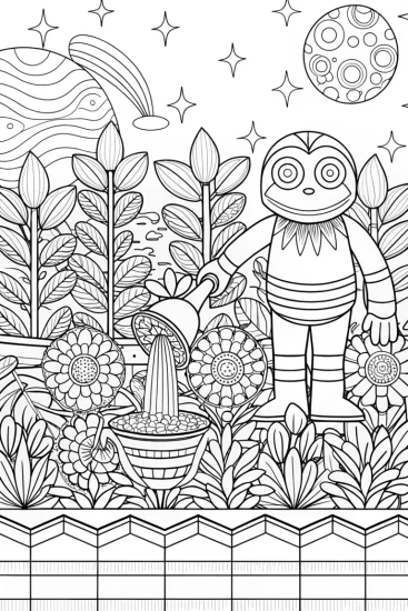 A coloring page of Monster tending a cosmic garden