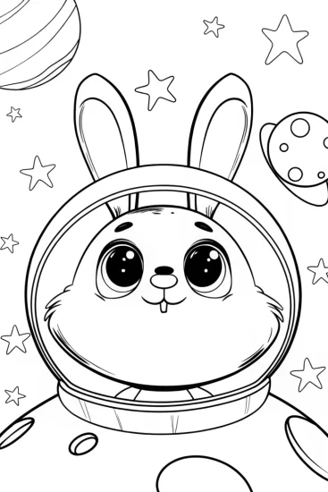 A coloring page of Squishmallow bunny in space