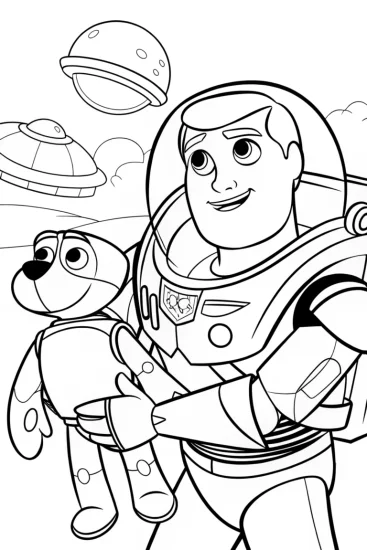 A coloring page of Buzz Lightyear’s pet rescue mission