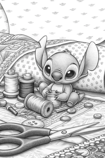 A coloring page of Stitch’s sewing adventure