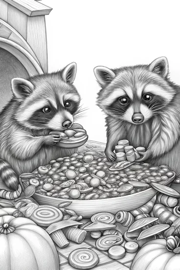 A coloring page of Raccoons stealing Halloween candy