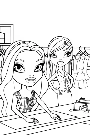 A coloring page of Bratz dolls in a fashion lab