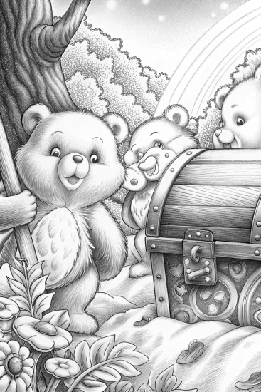 A coloring page of Care Bears treasure hunt