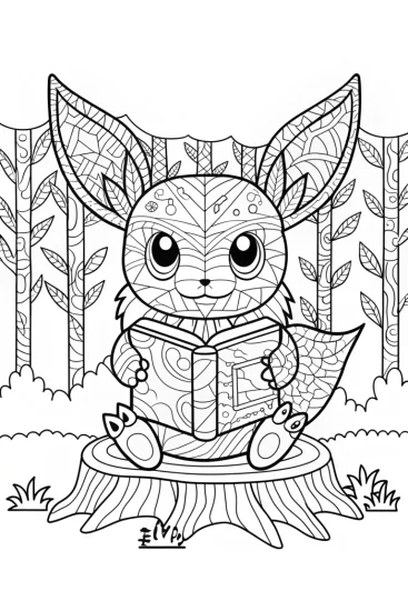 A coloring page of Eevee reading in the forest