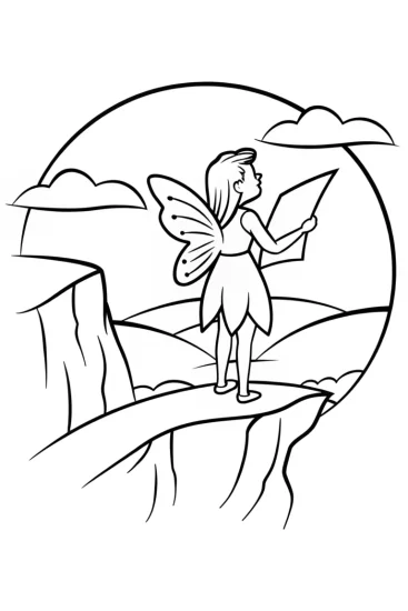 A coloring page of Fairy cartographer at the cliff