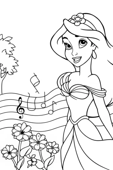 A coloring page of Jasmine conducting a garden symphony