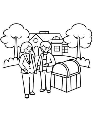 A coloring page of Rainbow High students find a time capsule