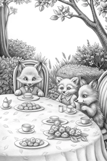 A coloring page of Baby fox tea party