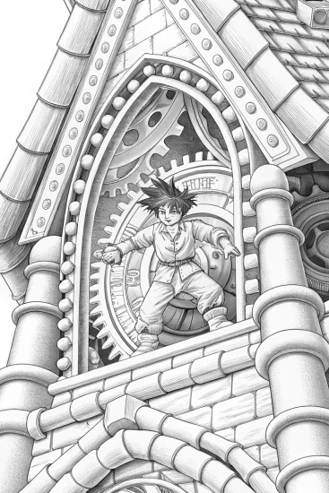 A coloring page of Goku in the magical clocktower
