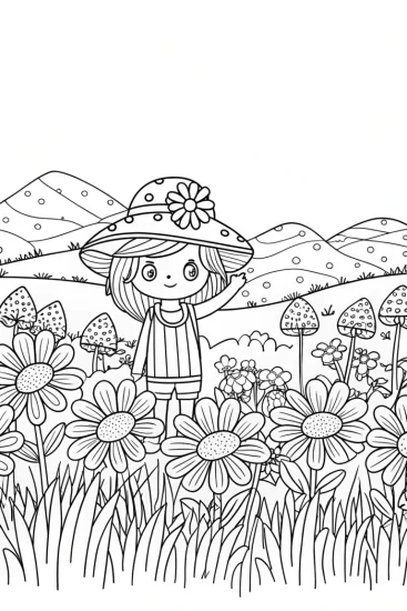 A coloring page of Strawberry Shortcake in a meadow