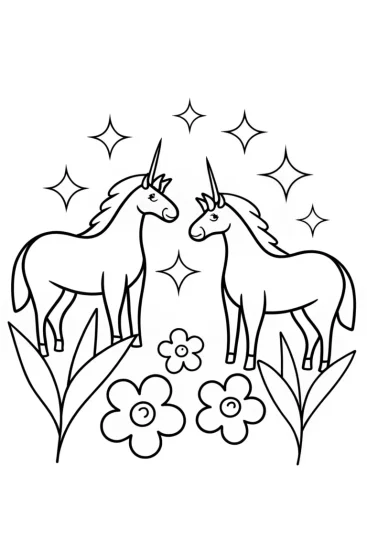 A coloring page of Unicorns exploring a wish garden