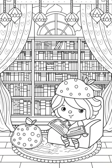 A coloring page of Strawberry Shortcake in the library