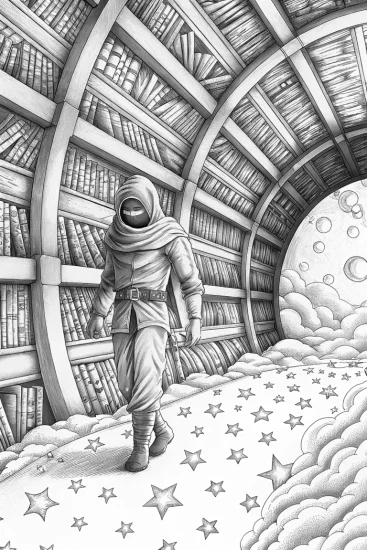 A coloring page of Ninja in the celestial library