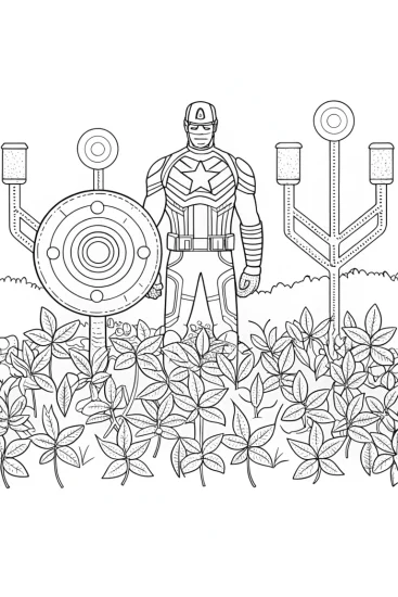 A coloring page of Captain America in a tech garden