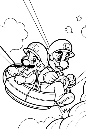 A coloring page of Mario and Luigi racing in the sky