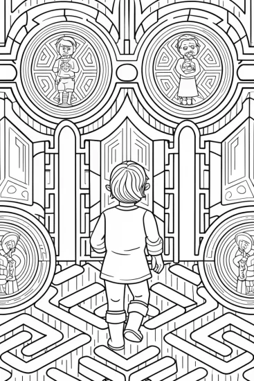 A coloring page of Goku’s mirror maze adventure