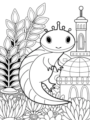 Axolotl in a starship garden coloring pages
