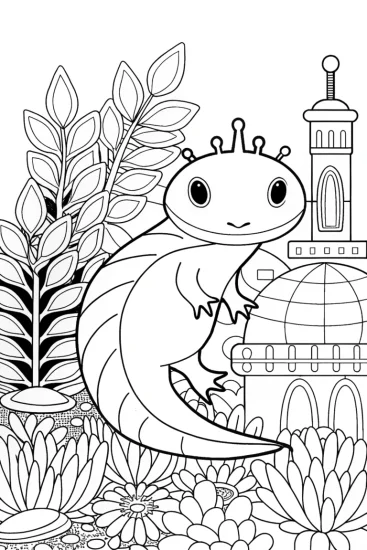 A coloring page of Axolotl in a starship garden