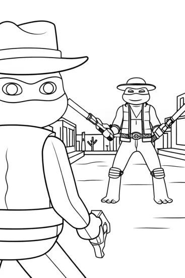 A coloring page of TMNT cowboy bubble gun duel