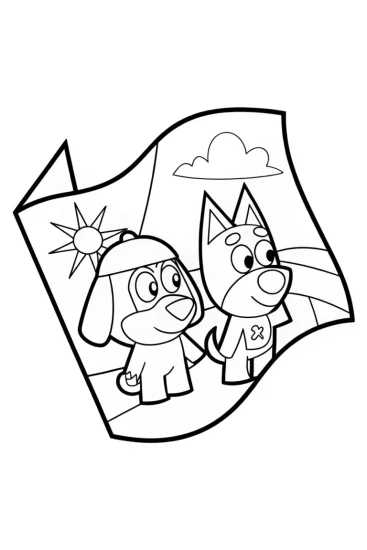 A coloring page of Bluey and Bingo’s treasure map quest
