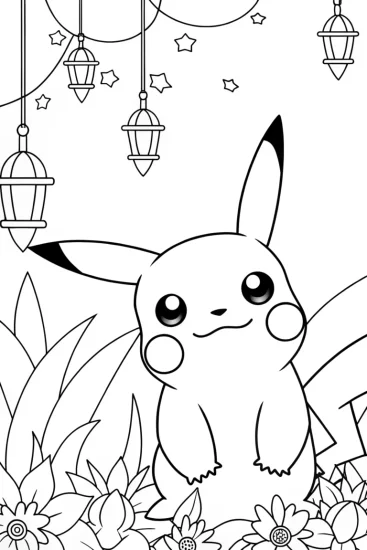 A coloring page of Pikachu in a magical garden