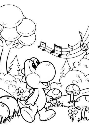 A coloring page of Yoshi in the musical forest